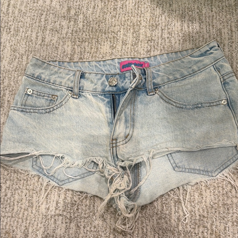 Edikted Light Blue Distressed Denim Cutoff Shorts